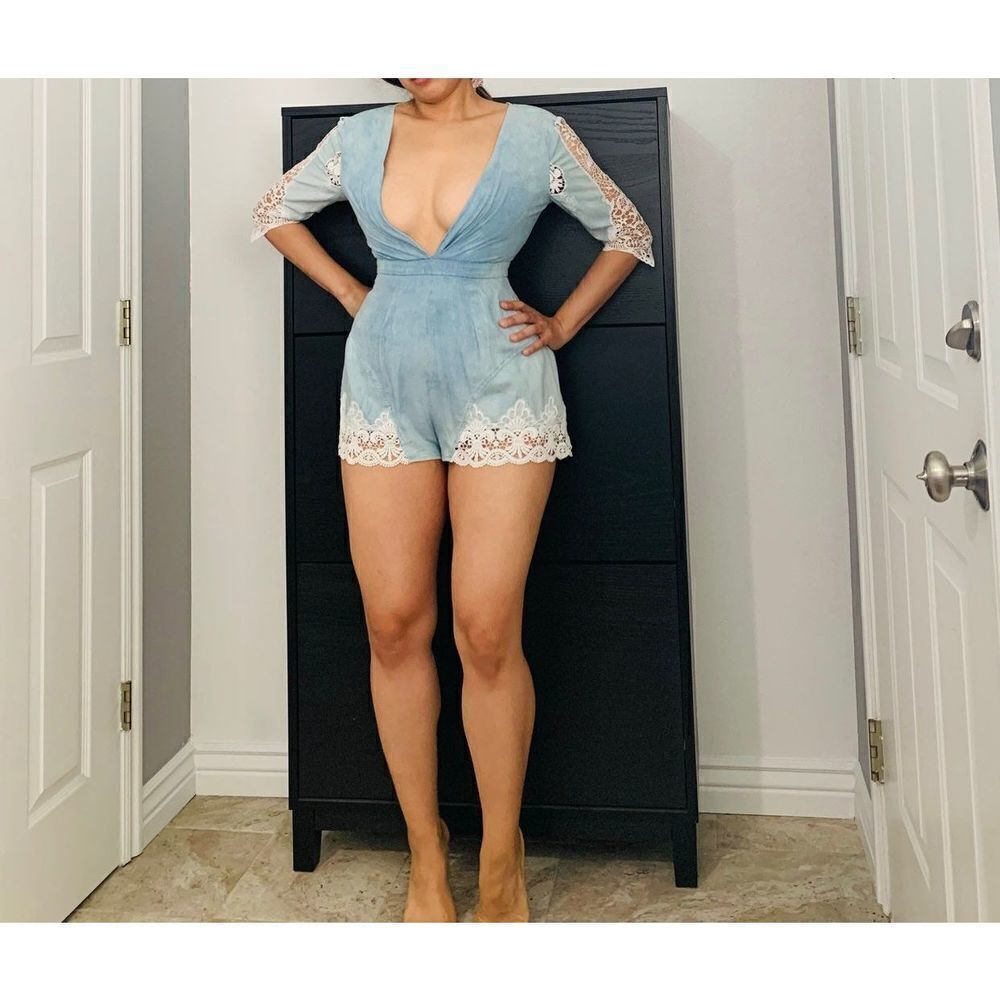 New Super Sexy Blue Faux Denim Lace Romper